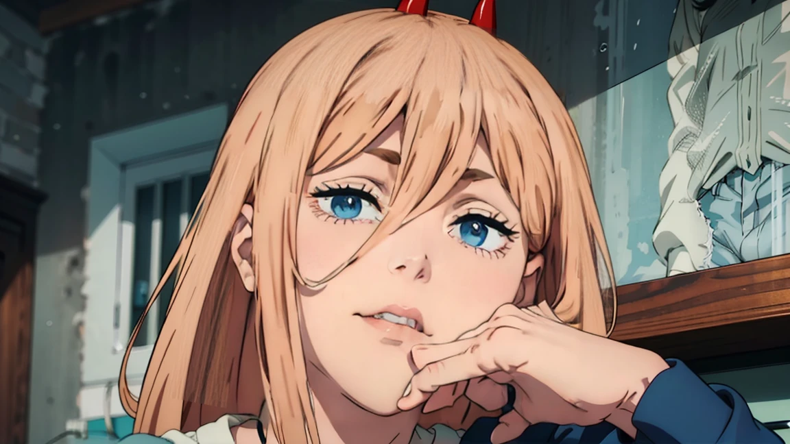 ultra sharp image, beautiful figure, Beautiful, full length (full body 1.1.), slender legs, Buttocks, slender legs, Wasp waist, erotica, sexy pose, Mouth open in a smile, sharp teeth, laughing, yellow eyes, Ultra detailed face, Ultra transparent, Chainsaw Man Energy, Two red sharp horns on the head, ultra sharp image, very beautiful, long hair, blonde, beautiful figure, tight clothes, T-shirt with the image of a cat, denim shorts, shoes, Red crosses and circles instead of pupils, Beautiful body, sexy clothes, beautiful eyes, very detailed eyes, Very detailed face, Beautiful body, Chereter Design, Very detailed, detailed body, detailed hands, detailed, Bright, detailed Face, sharp focus, clap, Artgerm, Anime art, Bright, detailed Face, Hugh Details, sharp focus, Very downcast face, detailed eyes, Super lovely illustration, best shadow, finely detail, beautiful detail