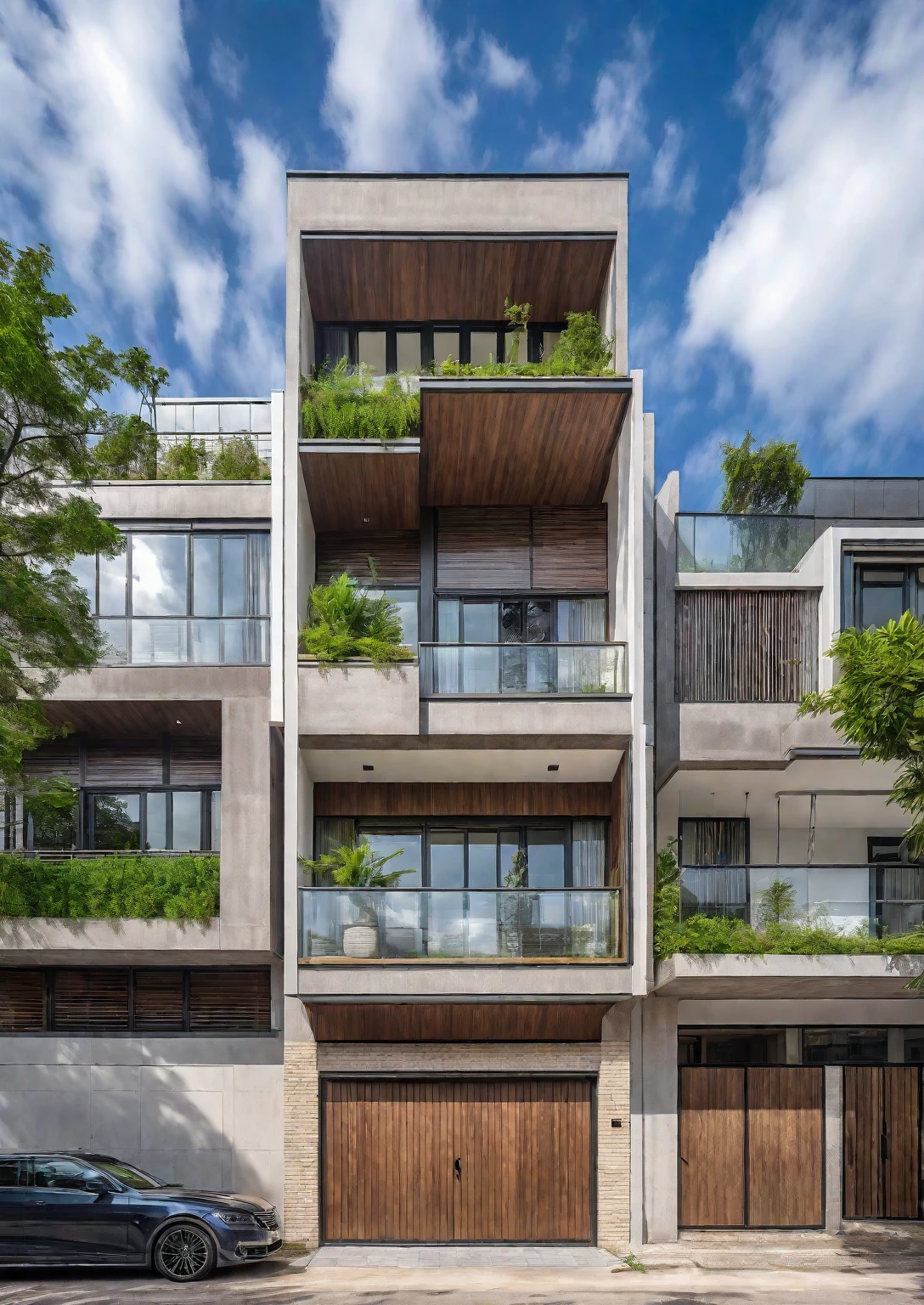 RAW photograph taken with the Nikon D7500 + AF-S DX NIKKOR camera, 18mm lens, ultra-wide, overhead angle, 8K, top quality, HDR, extremely high realism, extreme realism, arafed maison moderne with a large balcony and a brick driveway, maison contemporaine, large modern residence, chef d&#39;well designed work, vue de face, maison moderne, exterior wide angle 2023,HDRI AISD, architecture contemporaine, archaic, un plan lointain de face, maison conceptuelle, Neoclassical, Neoclassical, conception architecturale globale, maison urbaine, award-winning modern design
