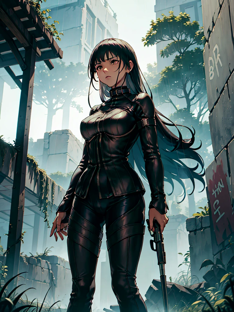 (Masterpiece, Best Picture, High Resolution), In the dim, ancient ruins where I sought shelter from the rain, I unexpectedly encounter a female thief. She stands there, eyes wide open as if she has seen the impossible, her expression a mix of shock and disbelief. Despite her surprise, her hand instinctively moves towards her weapon, ready to react to any sudden movements. The atmosphere is tense, with the sound of rain echoing through the ruins, highlighting the unexpected and startling nature of our encounter. nsfw, (Exposed bandit outfit)