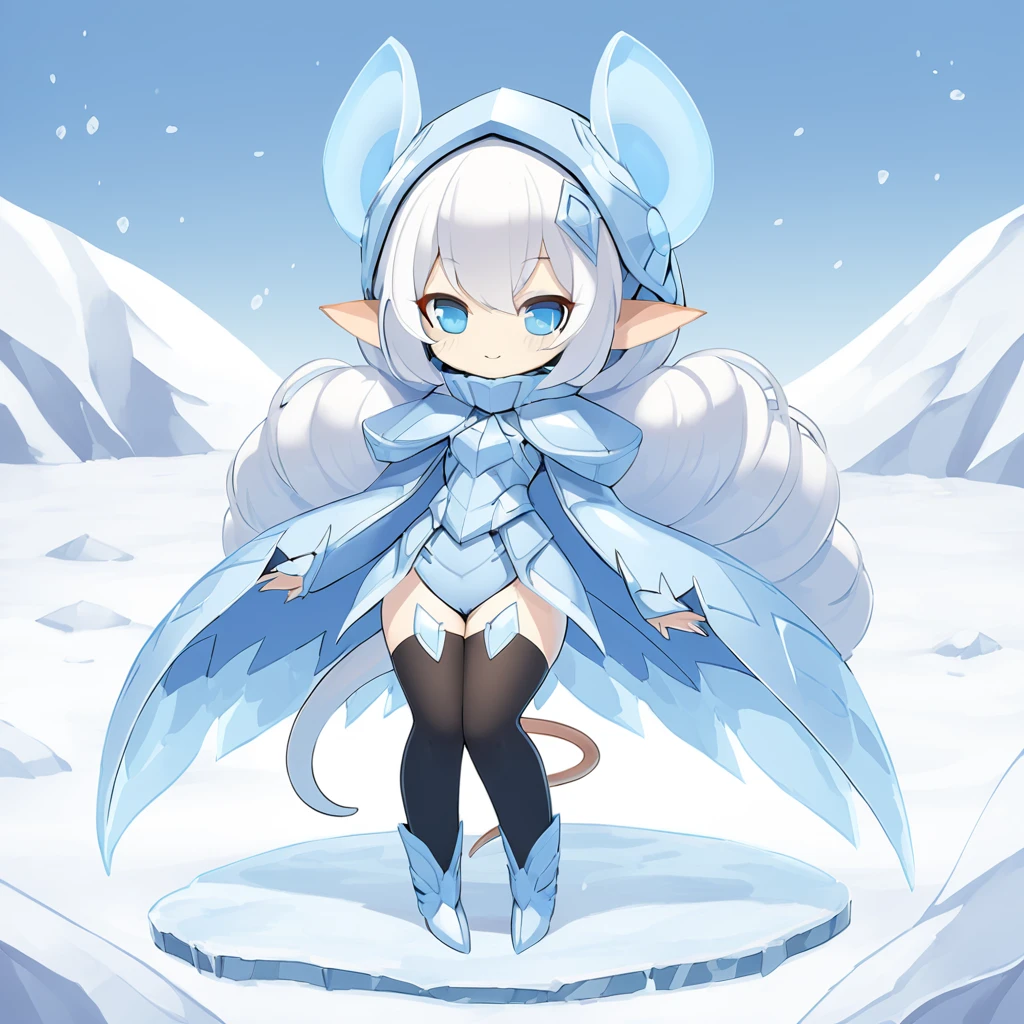 Ice-white and tan Nezumimi monster girl with Ice-blue armor plates and leggings and tail Shrew-like ears and blue eyes surrounded by black  in a icy tundra

