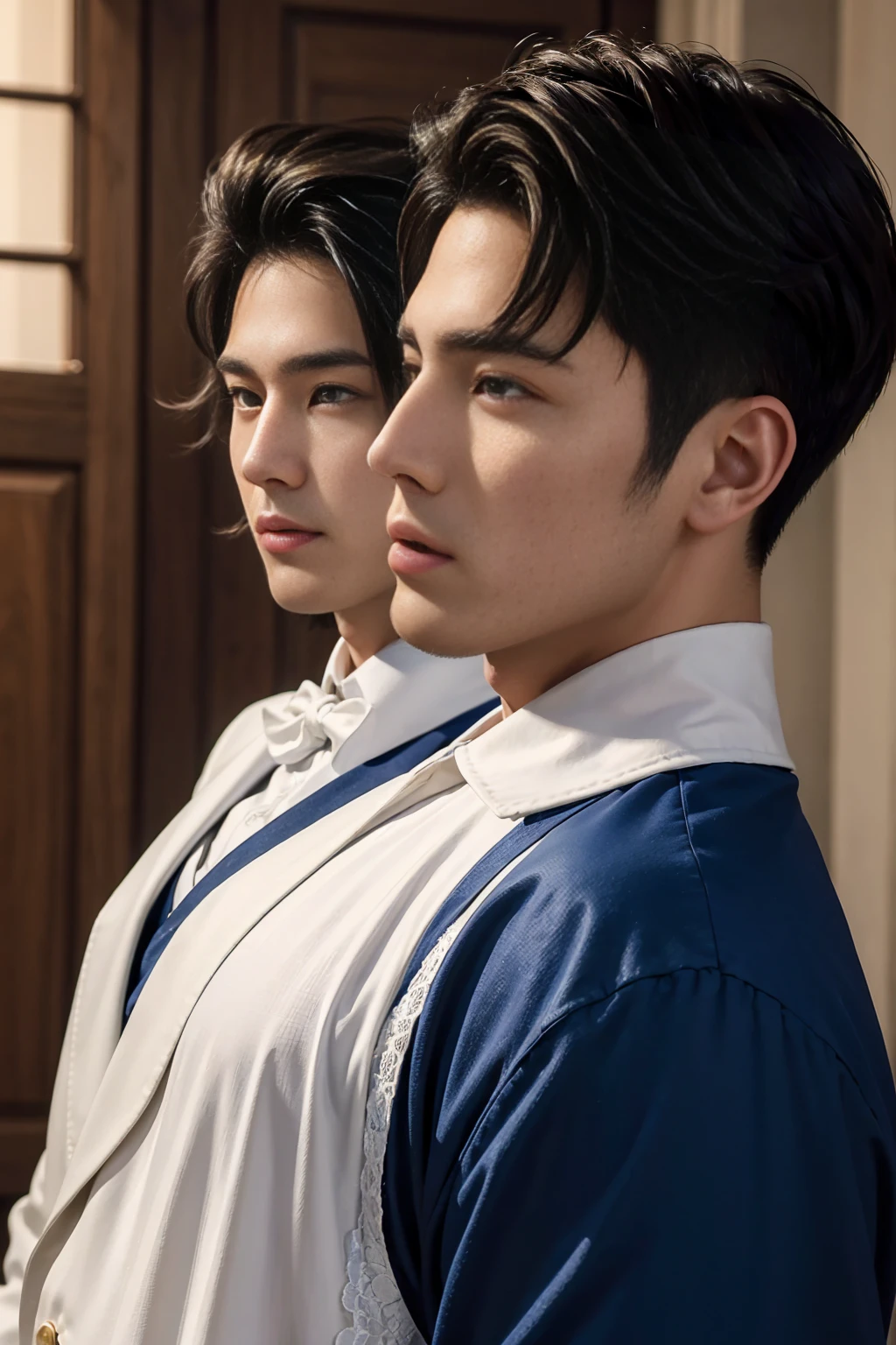 ((masterpiece)),((best quality)),8K,High Detail,Very detailed, Very manly,2 men, like,fashion pose, Real skin texture, Light,
Royal blue style couple