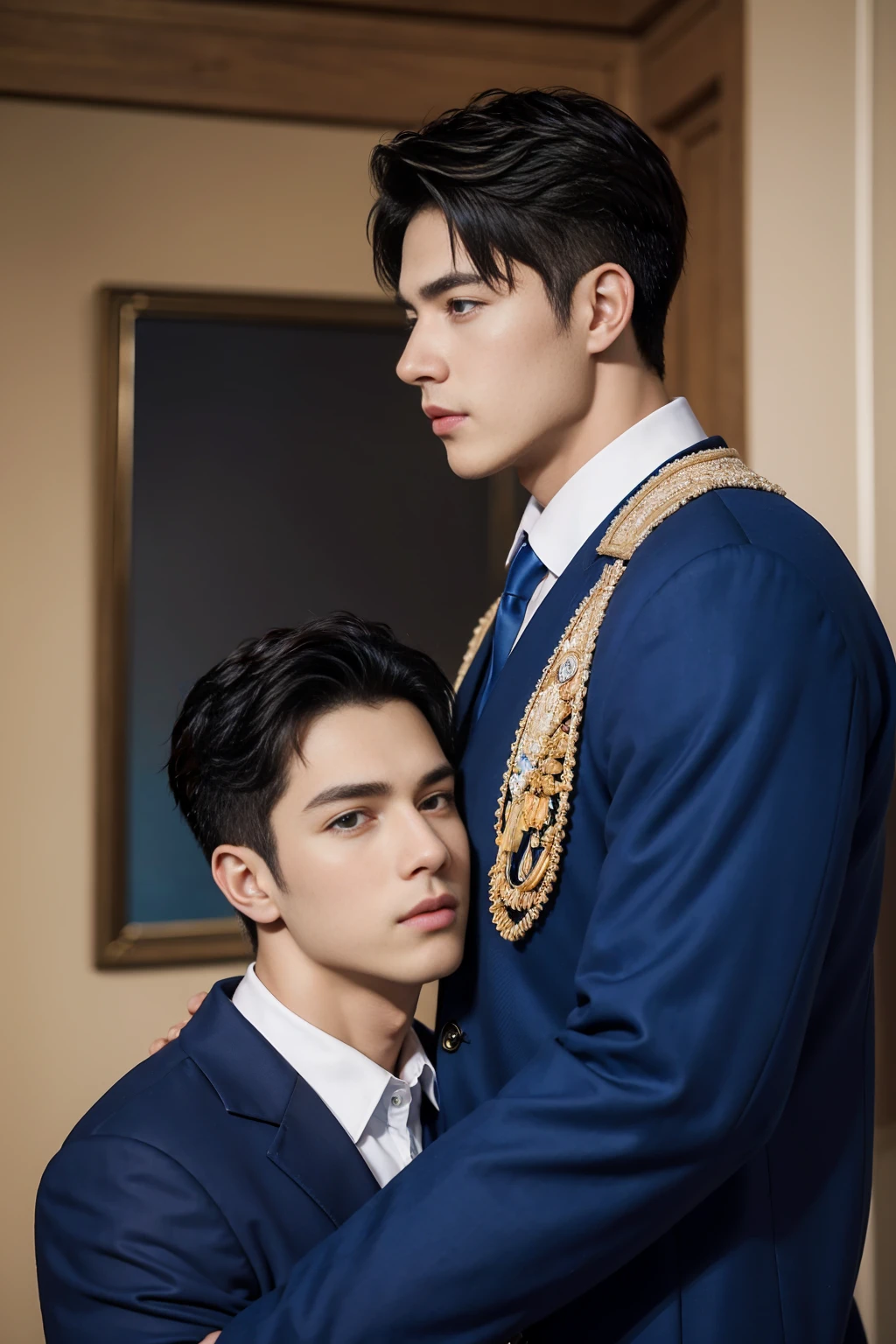 ((masterpiece)),((best quality)),8K,High Detail,Very detailed, Very manly，2 men, like，fashion pose, Real skin texture, Light,
Royal blue style couple