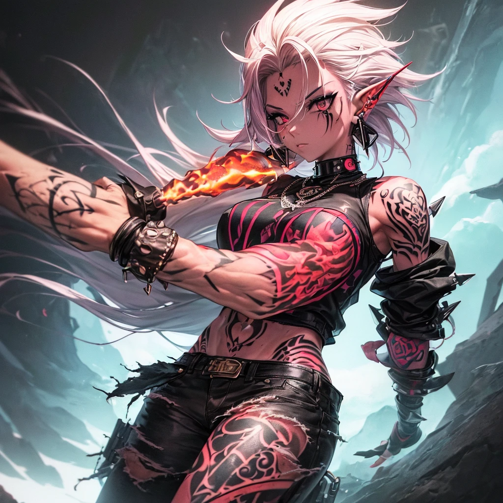 (((((a single woman))))), (((Rockeira))), (((lip piercing))), (((Large flare on lobes))), Roupa cyberpunk na cor preto, wearing a jacket but not a t-shirt, (((Cabelo rosa no estilo emo girl))), medium breasts, (((pulseira com spikes))), brass knuckles necklace, ((((tatuagem na barriga escrito SENTIINEL cor vermelha)))), (((Torn pants))), ((((tattoos on arms and face))))