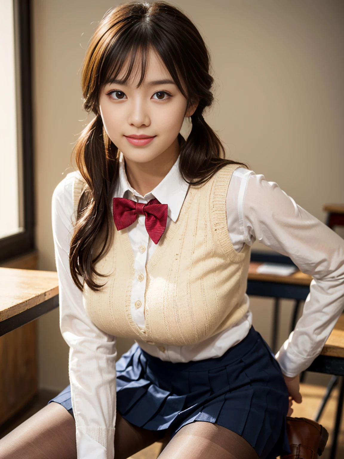 (masterpiece:1.2, highest quality), (Realistic, photoRealistic:1.4), Beautiful illustrations, (Natural Side Lighting, Cinema Lighting), Browsing Caution, View Viewer, Cowboy Shot, Front view:0.6, 1 girl, Japanese, high school girl, Perfect Face, Cute and symmetrical face, Shiny skin, (Long Hair:1.8, Twin tails:1.7, Blonde), Parted bangs, Golden Eyes, Long Eyelashes, (Big Breasts:0.8, Thick thighs), (Leg spread)Beautiful Hair, Beautiful Face, Beautiful fine details, Beautiful clavicle, Beautiful body, Beautiful breasts, Beautiful thighs, Beautiful feet, Beautiful fingers, ((((Long sleeve)), Roll up your sleeves, White collared shirt, Navy Pleated Mini Skirt, Black Pantyhose, Brown Loafers, Red bow tie, Beige sleeveless knit vest)), Thick black pantyhose, (Beautiful views), classroom, Are standing, (Cute smile, Upward glance),