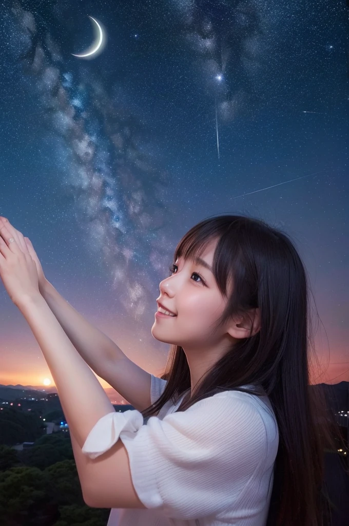 A starry sky,Meteors,8k,Beautiful night sky,Girl looking up at the sky、Super sexy and super cute Japan girl、(((A girl reaching out towards the night sky to grab the moon)))