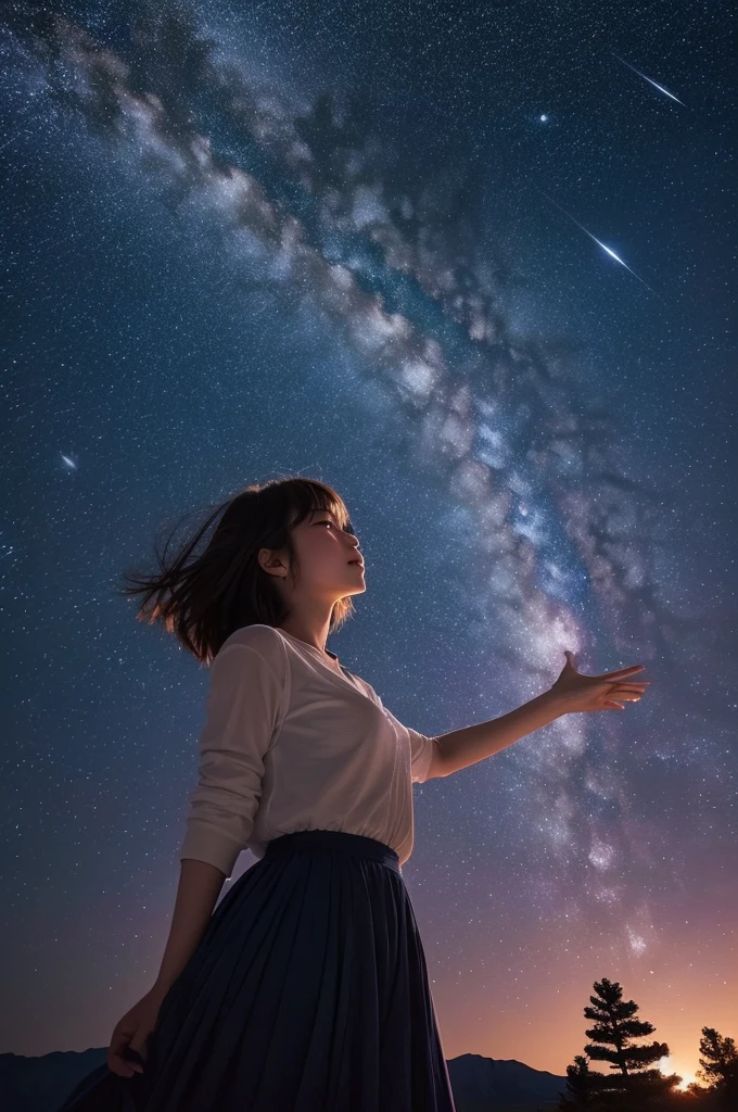 A starry sky,Meteors,8k,Beautiful night sky,Girl looking up at the sky、Super sexy and super cute Japan girl、(((A girl reaching out towards the night sky to grab the moon)))