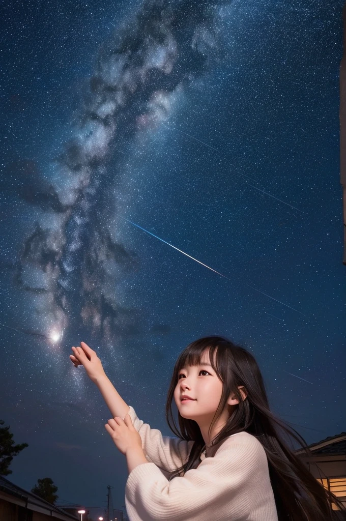 A starry sky,Meteors,8k,Beautiful night sky,Girl looking up at the sky、Super sexy and super cute Japan girl、(((A girl reaching out towards the night sky to grab the moon)))