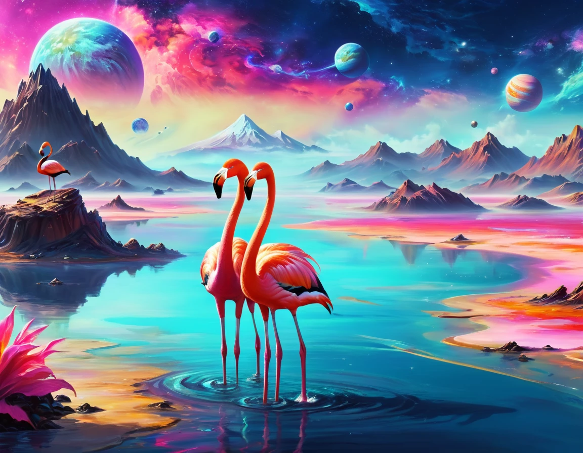 flamingos standing in the water with their necks touching each other, flamingos, flamingoes, flamingo, Eight times 8k, Sakimi, Beautiful and graceful,Amazing background, Beautiful artwork,Colorful landscape drawing of planets and mountains, Detailed Dreams, Steamwave Sci-fi, Space Landscape, On a colorful alien planet, Alien paradise, Hyperreal space, psychedelic landscape, Fantasy Planet, magnificent background, Cosmic Landscape, Fantasy Space, Turbulent alien vivid landscape, Space background, Alien Landscape, Epic surrealist 8k oil painting, Steamwave surreal ocean