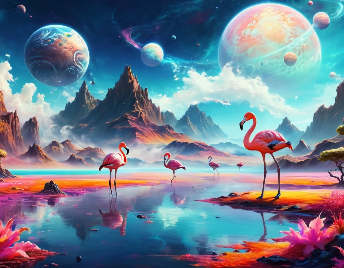 flamingos standing in the water with their necks touching each other, flamingos, flamingoes, flamingo, Eight times 8k, Sakimi, Beautiful and graceful,Amazing background, Beautiful artwork,Colorful landscape drawing of planets and mountains, Detailed Dreams, Steamwave Sci-fi, Space Landscape, On a colorful alien planet, Alien paradise, Hyperreal space, psychedelic landscape, Fantasy Planet, magnificent background, Cosmic Landscape, Fantasy Space, Turbulent alien vivid landscape, Space background, Alien Landscape, Epic surrealist 8k oil painting, Steamwave surreal ocean