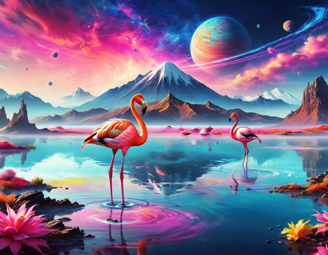 flamingos standing in the water with their necks touching each other, flamingos, flamingoes, flamingo, Eight times 8k, Sakimi, Beautiful and graceful,Amazing background, Beautiful artwork,Colorful landscape drawing of planets and mountains, Detailed Dreams, Steamwave Sci-fi, Space Landscape, On a colorful alien planet, Alien paradise, Hyperreal space, psychedelic landscape, Fantasy Planet, magnificent background, Cosmic Landscape, Fantasy Space, Turbulent alien vivid landscape, Space background, Alien Landscape, Epic surrealist 8k oil painting, Steamwave surreal ocean