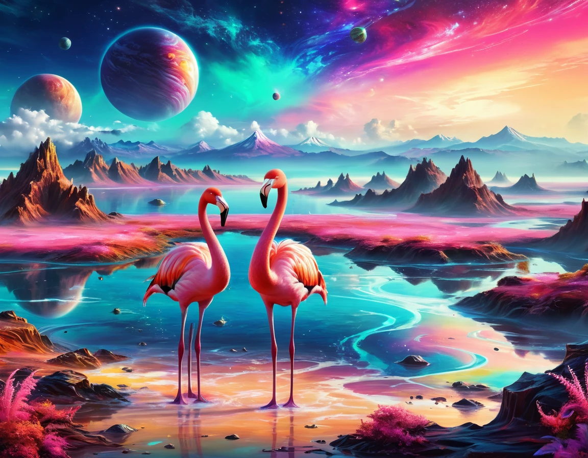 flamingos standing in the water with their necks touching each other, flamingos, flamingoes, flamingo, Eight times 8k, Sakimi, Beautiful and graceful,Amazing background, Beautiful artwork,Colorful landscape drawing of planets and mountains, Detailed Dreams, Steamwave Sci-fi, Space Landscape, On a colorful alien planet, Alien paradise, Hyperreal space, psychedelic landscape, Fantasy Planet, magnificent background, Cosmic Landscape, Fantasy Space, Turbulent alien vivid landscape, Space background, Alien Landscape, Epic surrealist 8k oil painting, Steamwave surreal ocean