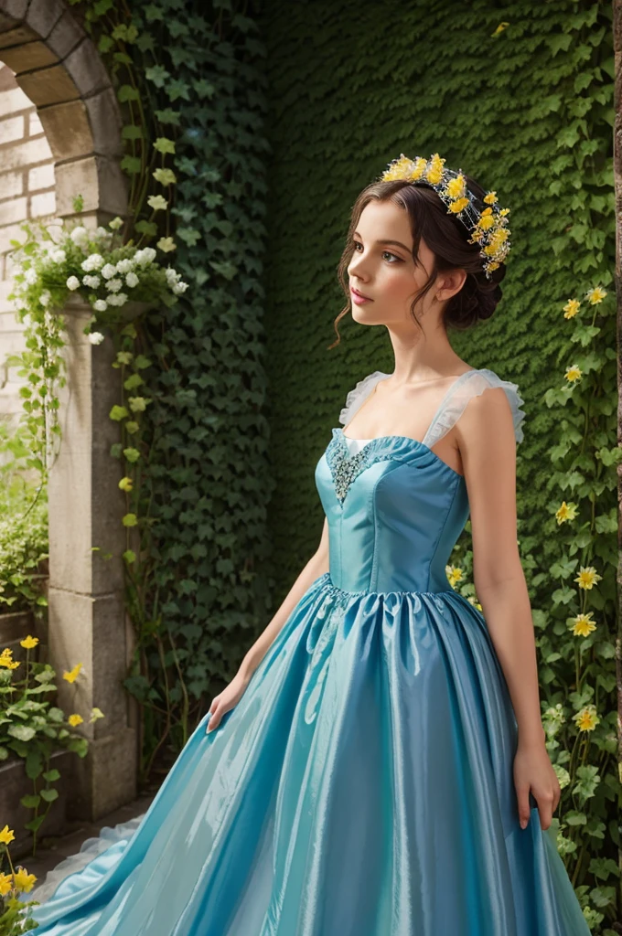 Regency gown with taffeta lilies in blue stream of hemline. Across the gown make a long tulle with buttercups and ivy