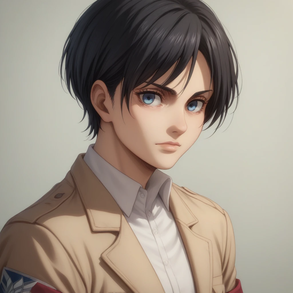 score_9, score_8_up, score_7_up, shingeki_no_kyojin_s4_style, white shirt, cream jacket, blue armband with white edges and white star in the middle, solo, short hair, portrait, black hair