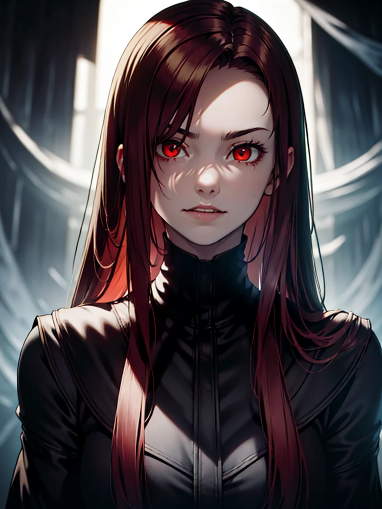 (Masterpiece, Best Picture, High Resolution), Focus on the face, making it the central element of the image. The face is obscured by a dark shadow, but the eyes glow a sinister red, and the mouth is visible with a white, eerie grin. The background is minimal to keep the attention on the unsettling details of the face.