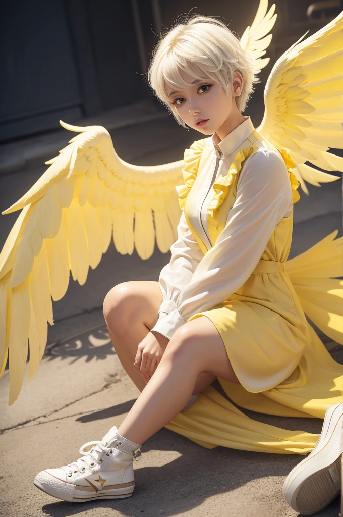 angel with 6 wings a bright yellow halo a yellow jumpsuit a white blouse brown skin yellow all star shoes and short white hair