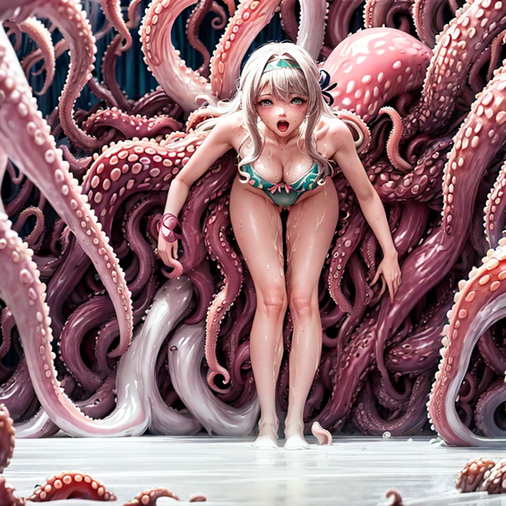 ((Girl with long white hair gets her pussy rubbed by tentacles)),Blush on,((Girl vaginal licking tentacles)),wear bra, wet clothes,long hair,wear leg, perfect body, perfect swimsuit,symbol-shaped pupils heart,(sweaty:1.4),in the water,((steam:1.2)),more tentacles, wet mouth,wet butt,((Tentacles rub the pussy:1.2)),((, blushing , , open mouth)), standing, ((undressing, panty pulling)),((tentacles in the pussy:1.0)),pussy licking tentacle,open legs,view button ,lying on