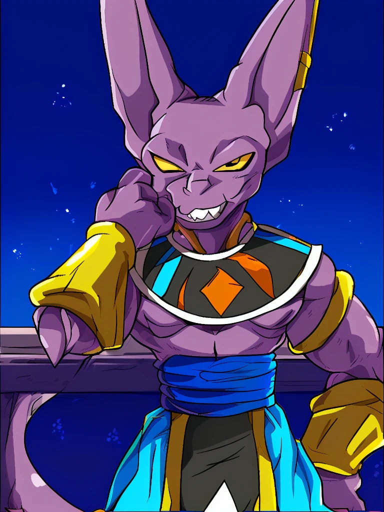 Bills, beerus, Dragon Ball Super, purple cat-like humanoid, skinny, muscular, ABS, (detailed:1.3), prominent pectorals, male nipples, naked, male, uncut penis, smiling mischievously while having gay anal sex with another muscular male human character, background of a beach