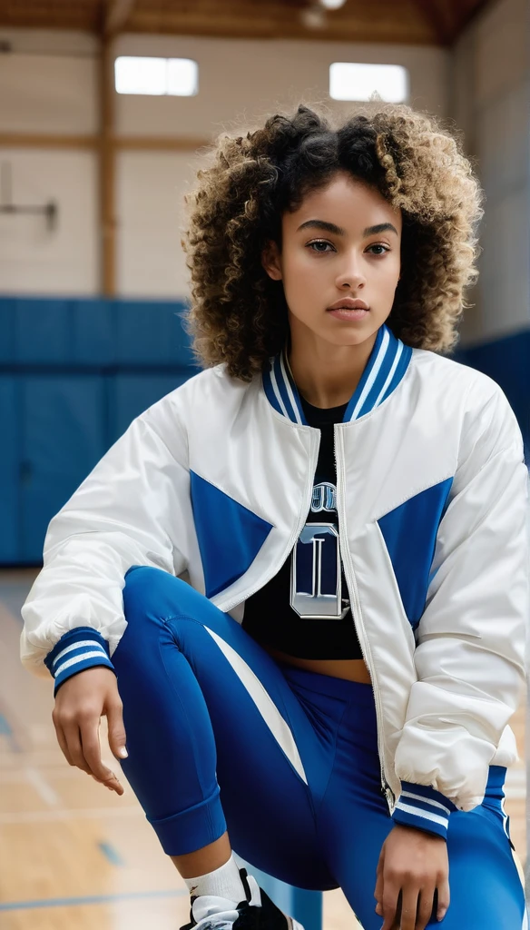 A captivating cinematic photograph of a young woman exuding confidence and athleticism, as she sits gracefully in a spacious gymnasium. Her voluminous curly hair cascades down her shoulders, framing her face in natural, effortless waves. She wears a retro blue and white sports jacket with the word "DOPE" emblazoned across the front, black shorts, and NIKE basketball shoes, the lightweight jacket evoking the spirit of the 1970s. Relaxed and poised, she sits with her legs wide open and leans slightly forward, her posture a testament to her strength and agility. The gymnasium is bathed in natural light from large windows, creating a bright and airy ambiance. The background features soft, blurred elements of gym equipment and high ceilings typical of an indoor sports facility. The unique, low, cinematic