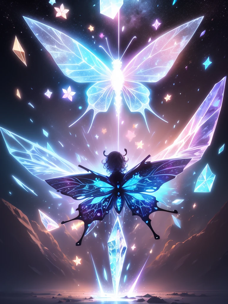 x ray of a butterfly of crystal ice, body anatomy, synergy, 3D, digital matrix, x ray butterfly silhouette, transparent, translucent, crystal, snowy, icy, white colour, radiation, emphasis on the colour, ultra-realistic, 
HDR+, professional photo, hyperrealism, space constellations,
full body, a lot of
 small weird objects inside, symmetry, dynamic, points and lines, steampunk,
laser show