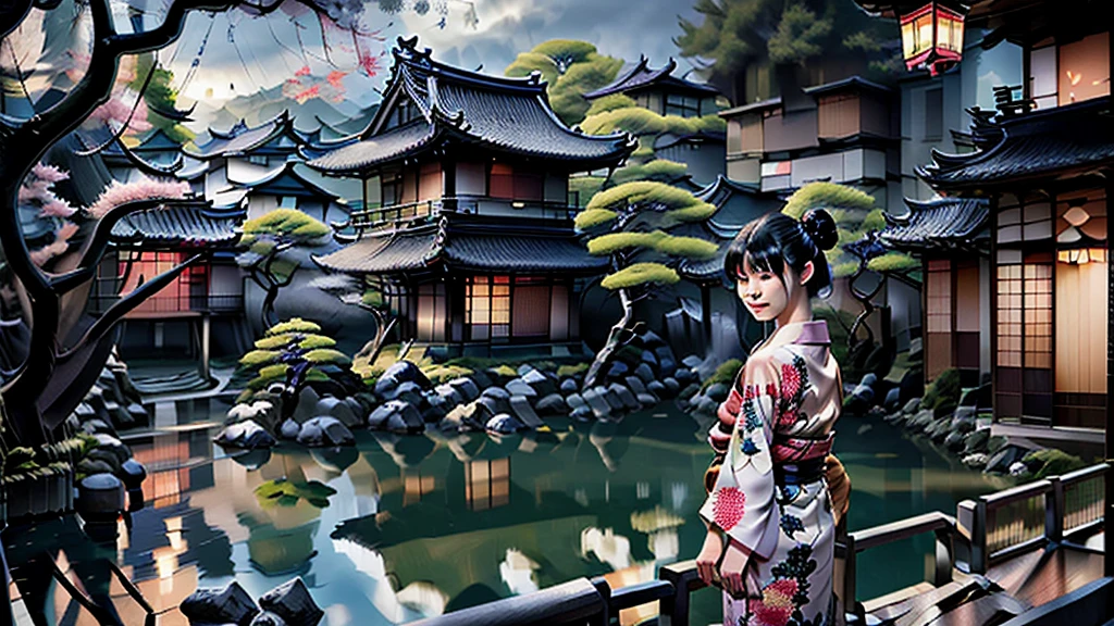 "In the slightly dim evening, the setting is Kyoto, Japan. Against the backdrop of the old Japanese townscape, a beautiful woman in a yukata is looking back. She resembles the famous "Mikaeri Bijin" by Hishikawa Moronobu. The woman in the kimono is illuminated by streetlights, with her long, lustrous black hair flowing, creating a very mystical atmosphere. She gazes at us without smiling."