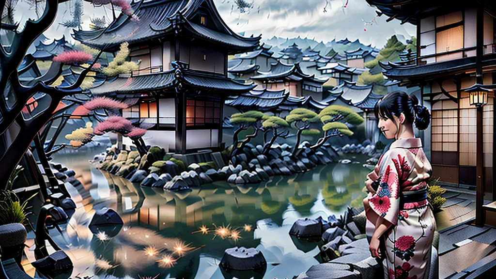 "In the slightly dim evening, the setting is Kyoto, Japan. Against the backdrop of the old Japanese townscape, a beautiful woman in a yukata is looking back. She resembles the famous "Mikaeri Bijin" by Hishikawa Moronobu. The woman in the kimono is illuminated by streetlights, with her long, lustrous black hair flowing, creating a very mystical atmosphere. She gazes at us without smiling."