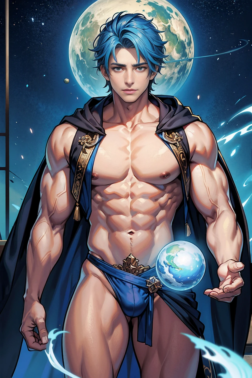 realistic, masterpiece, intricate details, detailed background, depth of field, muscular, Photo of a handsome american magician, american man, 25 years old, Sky Blue hair color and short hair), voluptuous crotch, Venus planet spell, sorcerer, wearing a long hooded cloak, sexy muscular, wearing a thong, pectoral focus, Venus planet, white skin, pale