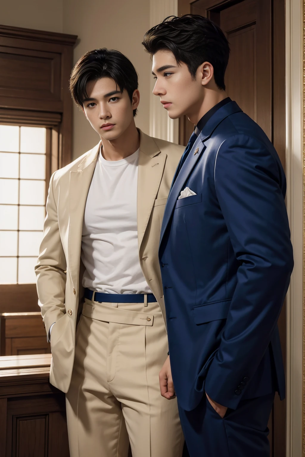 ((masterpiece)),((best quality)),8K,High Detail,Very detailed, Very manly,2 men, like,fashion pose, Real skin texture, Light,
Royal blue style couple