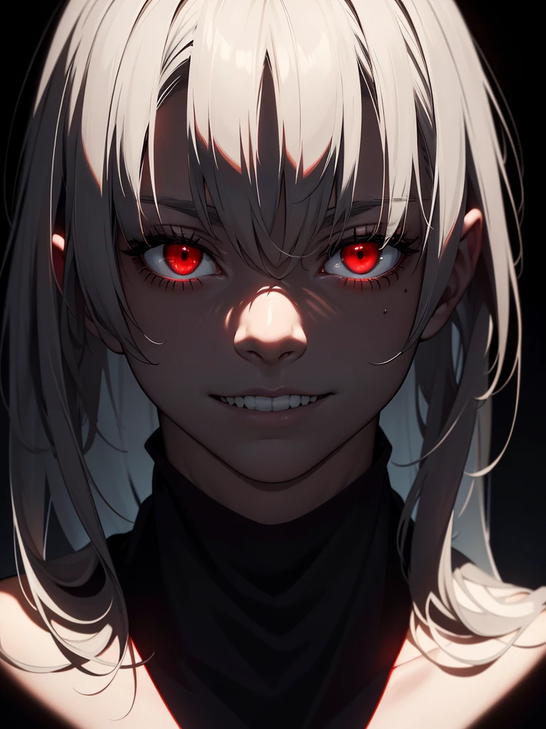 (Masterpiece, Best Picture, High Resolution), Focus on the face, making it the central element of the image. The face is obscured by a dark shadow, but the eyes glow a sinister red, and the mouth is visible with a white, eerie grin. The background is minimal to keep the attention on the unsettling details of the face.