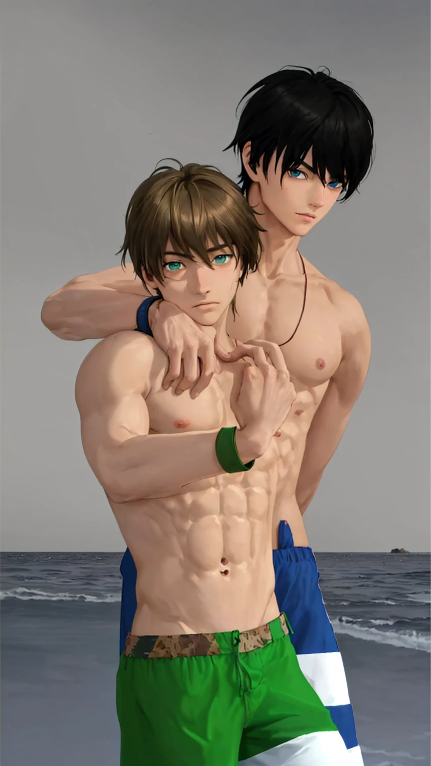 Create a realistic anime-style image featuring two young men at the beach. Both should have well-defined, six-pack abs. The character in the front has short, tousled brown hair and green eyes, while the character behind him has black hair and blue eyes. They are standing close together, with the taller one behind the shorter one, and the shorter one making a gesture with his hand. Both are wearing swim trunks, with the front character in green and the back character in blue and white striped trunks. The overall atmosphere should be casual and friendly.