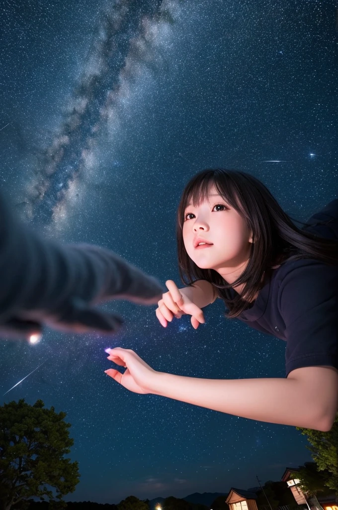 A starry sky,Meteors,8k,Beautiful night sky,Girl looking up at the sky、Super sexy and super cute Japan girl、(((A girl reaching out towards the night sky)))