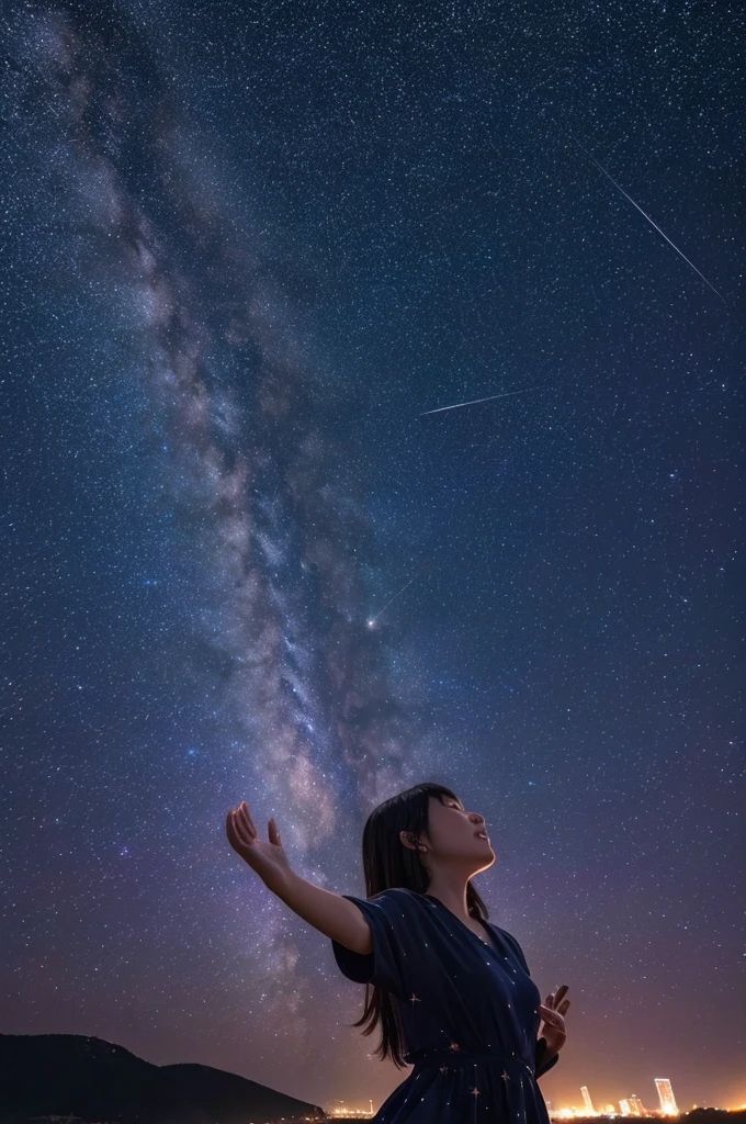 A starry sky,Meteors,8k,Beautiful night sky,Girl looking up at the sky、Super sexy and super cute Japan girl、(((A girl reaching out towards the night sky)))