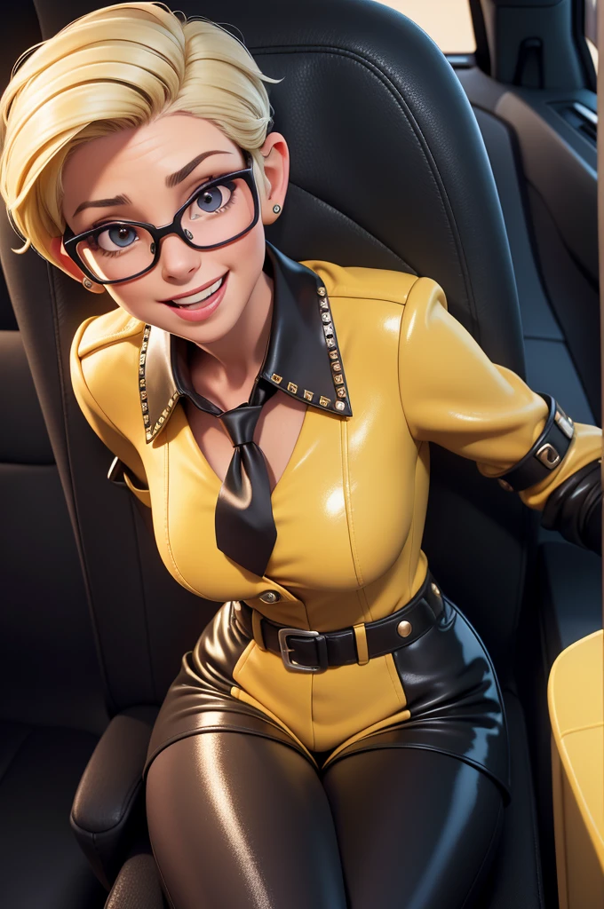 obra prima, melhor qualidade, (lauren boebert 70yo) big side smile, open mouth, licking lips, short frosted pixie hair, black plastic glasses, pilot outfit, business blouse, necktie, (shiny mustard yellow leather,) studs zippers, shiny leather gloves, body is skinny, laying back in car seat, arched back, arm between legs, overhead camera view, looking down at me, shallow depth of field, highres, HD, 8k, anatomically correct