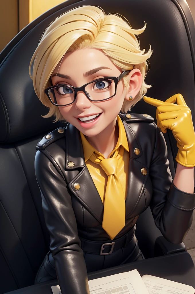 obra prima, melhor qualidade, (lauren boebert 70yo) big side smile, open mouth, licking lips, short frosted pixie hair, black plastic glasses, pilot outfit, business blouse, necktie, (shiny mustard yellow leather,) studs zippers, shiny leather gloves, body is skinny, laying back in car seat, arched back, arm between legs, overhead camera view, looking down at me, shallow depth of field, highres, HD, 8k, anatomically correct