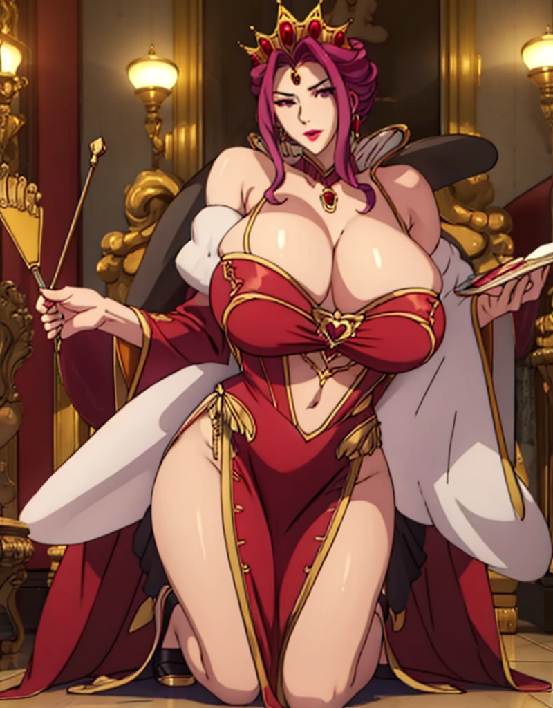 high resolution, 1 girl, ((bimbo))), crown with ruby, purple eyes, purple hair, puffy lips, painted lips, thick lips, wide hips, thick thighs, huge ass, sexy face, huge huge natural breasts, cleavage revealing, mature mother, soft breasts, sagging and thick breasts, shaking breasts, kneeling woman, full body, (elegant red dress) red stockings, red heels, sweaty body, ((giant, big floor-length breasts)) detailed face