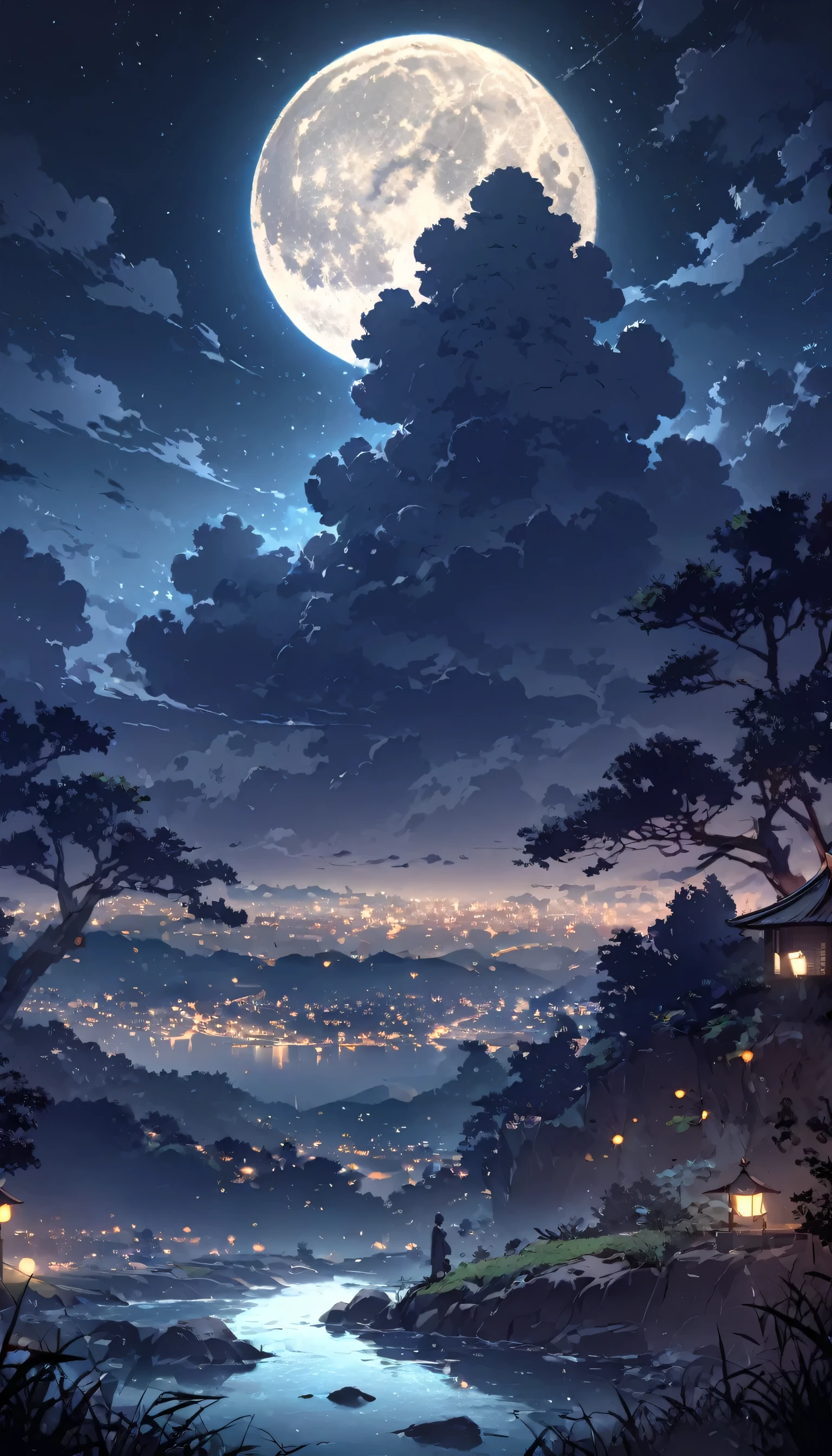 1 male, night, night scene, landscape, moon