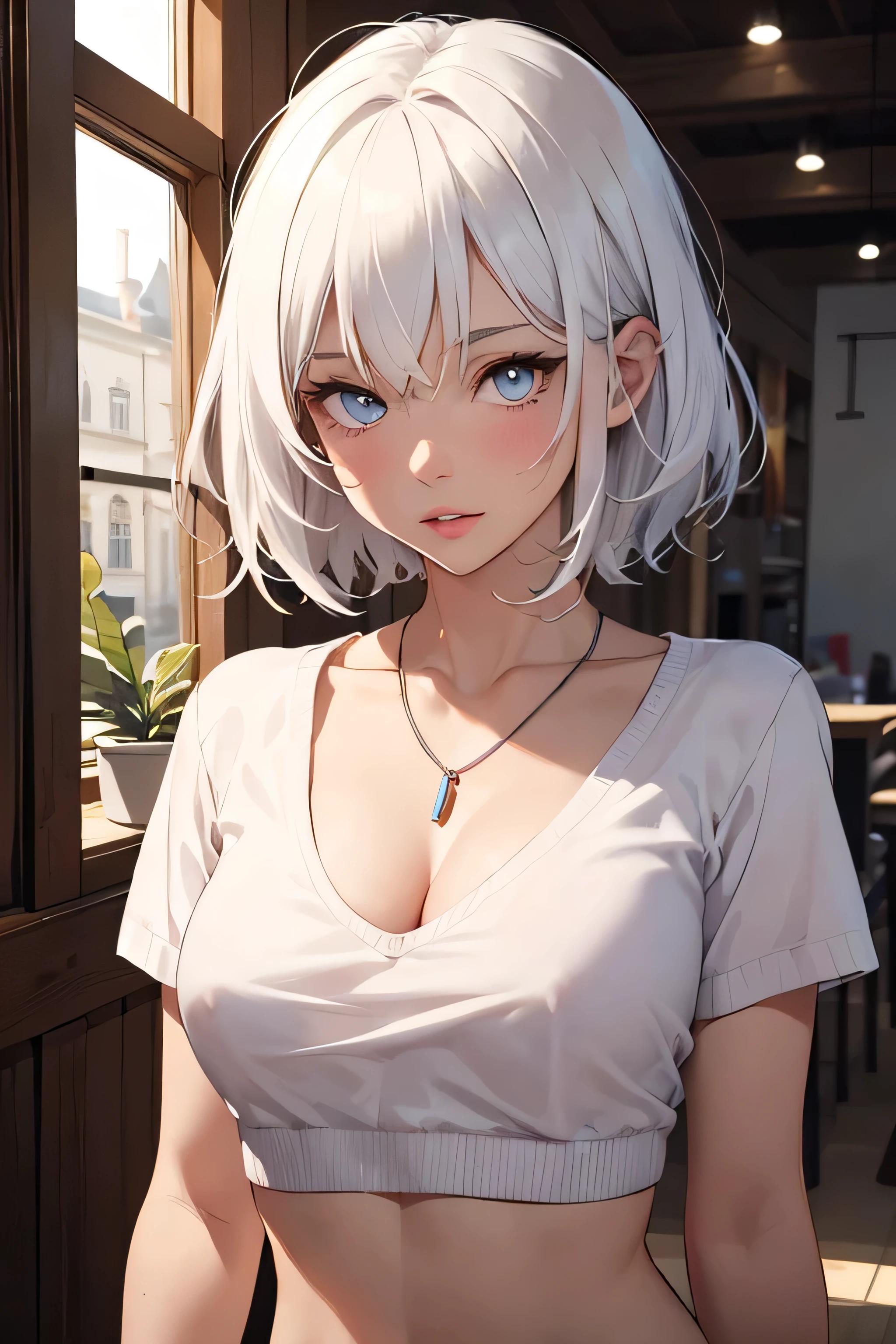 ((best quality)), ((masterpiece)), (detailed), 1girl, cat girl, white hair, watch, bracelets, necklace, small breast, thick lips, big lips, white skin, light blue eyes, nipple, short hair, white sweater, breast peek, midriff peek, short sleeve,