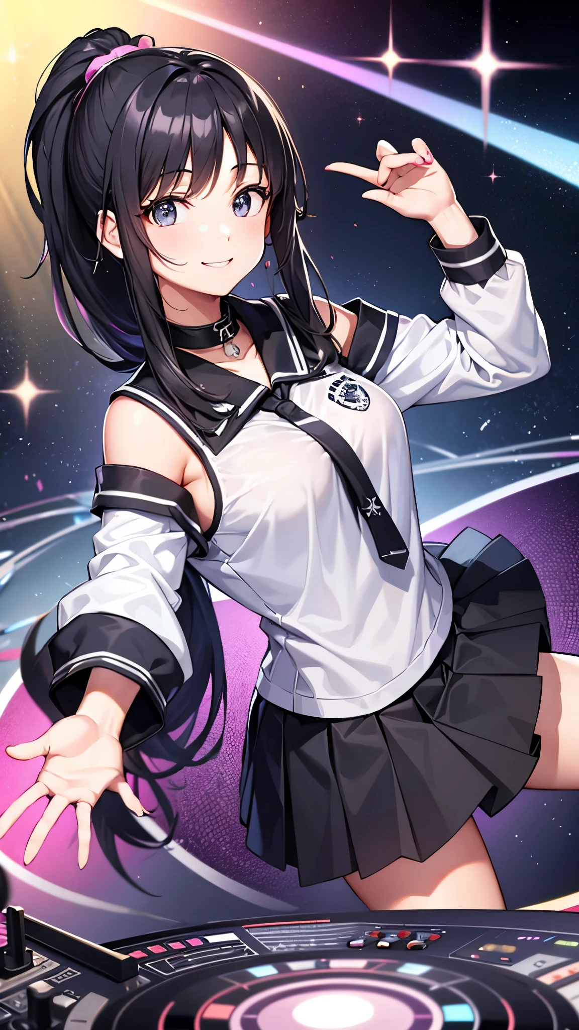 DJ,ponytail,1 person,club house,Turntable,Mirror ball,smile,headphone,Raise one hand,uniform,high school girl,Black Hair,No sleeve,scratch,black tights,front