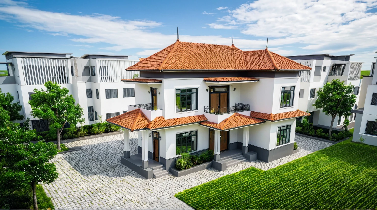 Masterpiece, high quality, best quality, authentic, super detail, outdoors, house style modern,bietthuhn, white wall, glass windows, gate road,pavement, grass, trees,blue sky, cloud, (day:1.1), realistic lighting