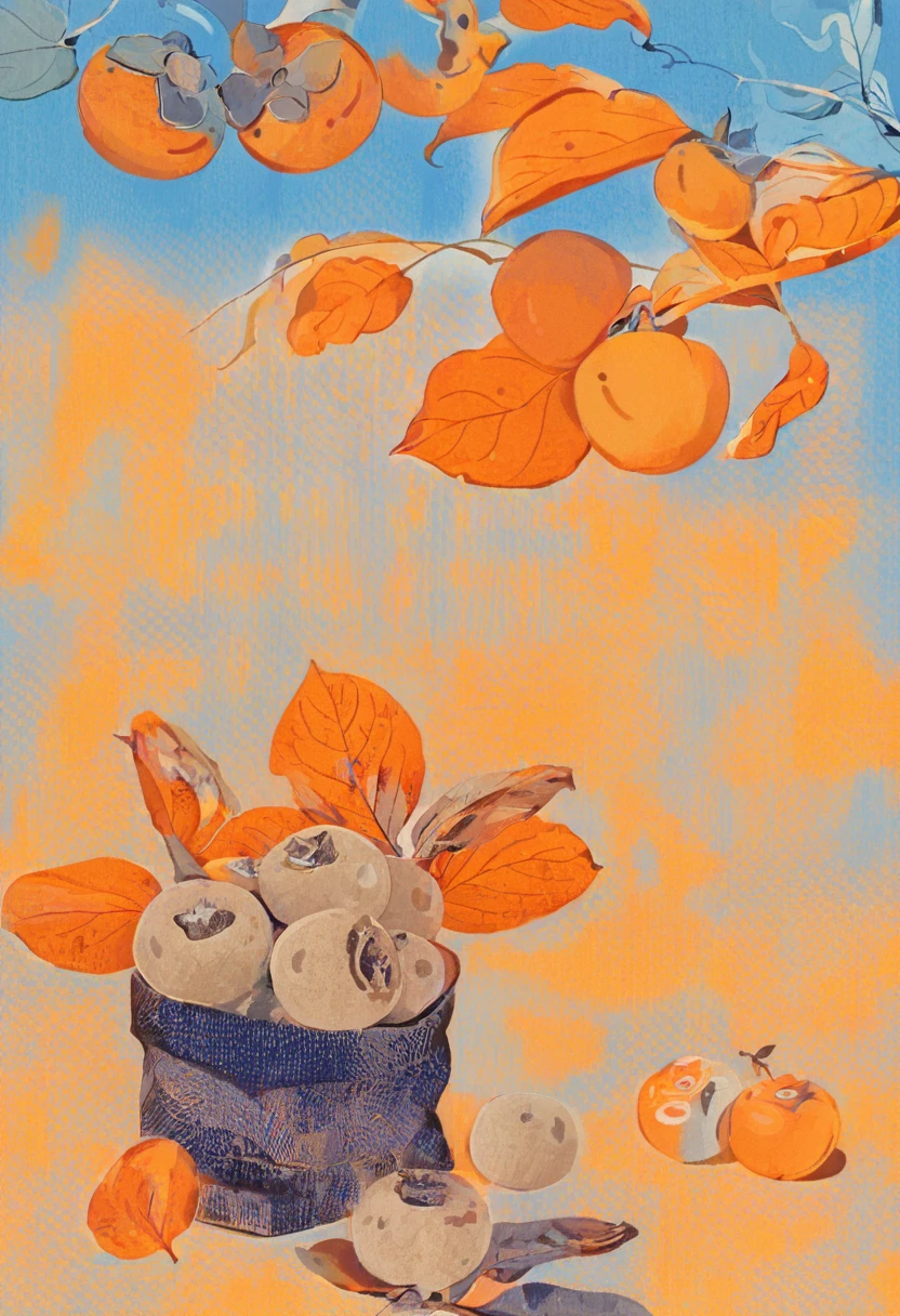有两张带叶子柿子illustration, and orange color scheme, illustration风格,Anime games,High Definition,一副美丽艺术illustration,illustration