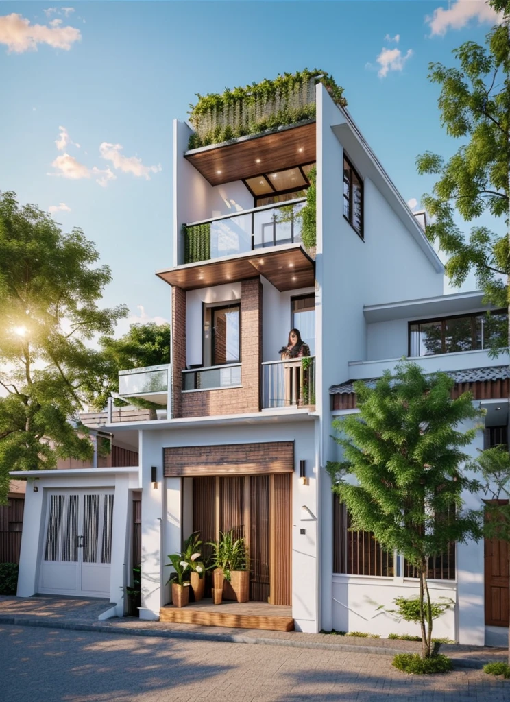 (Townhouse in city ,close houses and trees), daylight ( best quality) ((high solution)) ,(( photo realistic)) ,warm light, (sharp focont view of townhouse in style of modern,small house, Narrow area,VietNam,facade, curved arch,beautiful facade,curved windown,narrow and long ,two-storey,mutual colours, soft lighting, warm atmosphere,high Resolution, hyper detailed,4k ,vray render, octane render, hyper realistic, photography expert ,exterior design , professional photography, exterior photography,wide-angle shot , ultra detail , high Resolution , full frame, full body