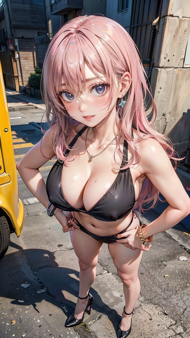 (Masterpiece, BestQuality:1.3), (ultra detailed:1.2), (hyperrealistic:1.3), (RAW photo:1.2), High detail RAW color photo, professional photograph, (Photorealistic:1.4), (realistic:1.4), professional lighting, perfect anatomy, (Big Breasts:1.2), (blush, detailed face), (cheerful Smile:1.5), Trending Hair&Trending Hairカラーをランダムに, earrings, necklace, bracelet, sexy, erotic sexy, Random sexy gravure poses, (Pink-haired beauty in high heels and black halter top bikini posing in outdoor studio。Her hair is long and straight.、One hand on hip。:1.3)