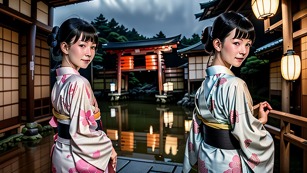 "In the slightly dim evening, the setting is Kyoto, Japan. Against the backdrop of the old Japanese townscape, a beautiful woman in a yukata is looking back. She resembles the famous "Mikaeri Bijin" by Hishikawa Moronobu. The woman in the kimono is illuminated by streetlights, with her long, lustrous black hair flowing, creating a very mystical atmosphere. She gazes at us without smiling."