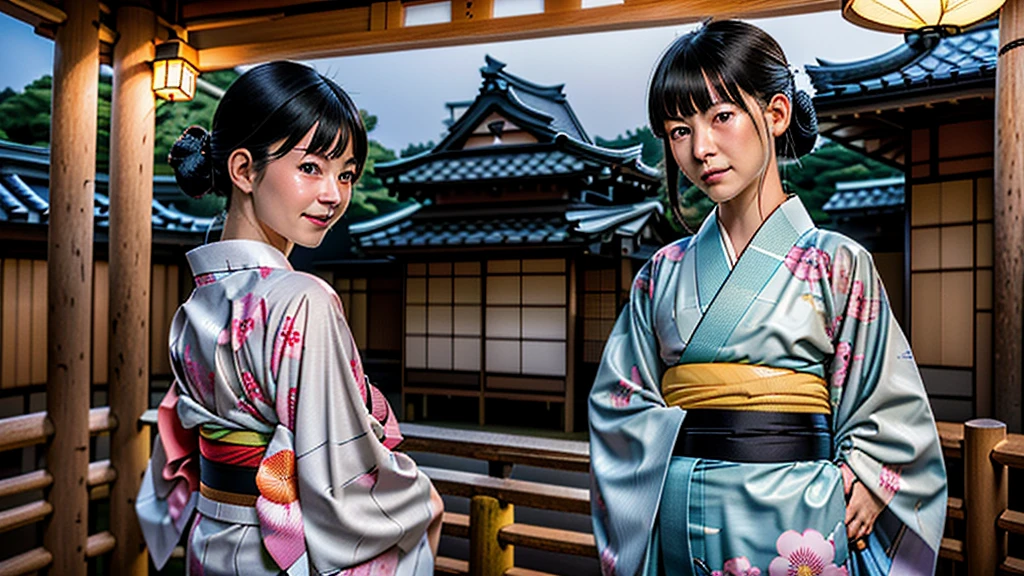 "In the slightly dim evening, the setting is Kyoto, Japan. Against the backdrop of the old Japanese townscape, a beautiful woman in a yukata is looking back. She resembles the famous "Mikaeri Bijin" by Hishikawa Moronobu. The woman in the kimono is illuminated by streetlights, with her long, lustrous black hair flowing, creating a very mystical atmosphere. She gazes at us without smiling."