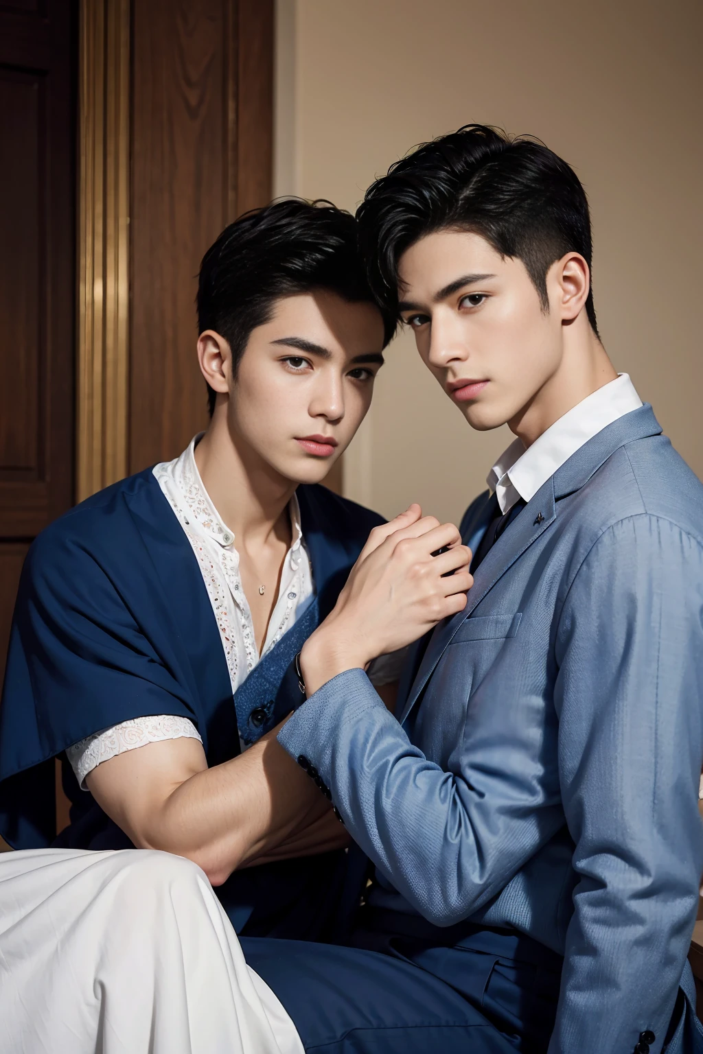 ((masterpiece)),((best quality)),8K,High Detail,Very detailed, Very manly,2 men, like,fashion pose, Real skin texture, Light,
Royal blue style couple