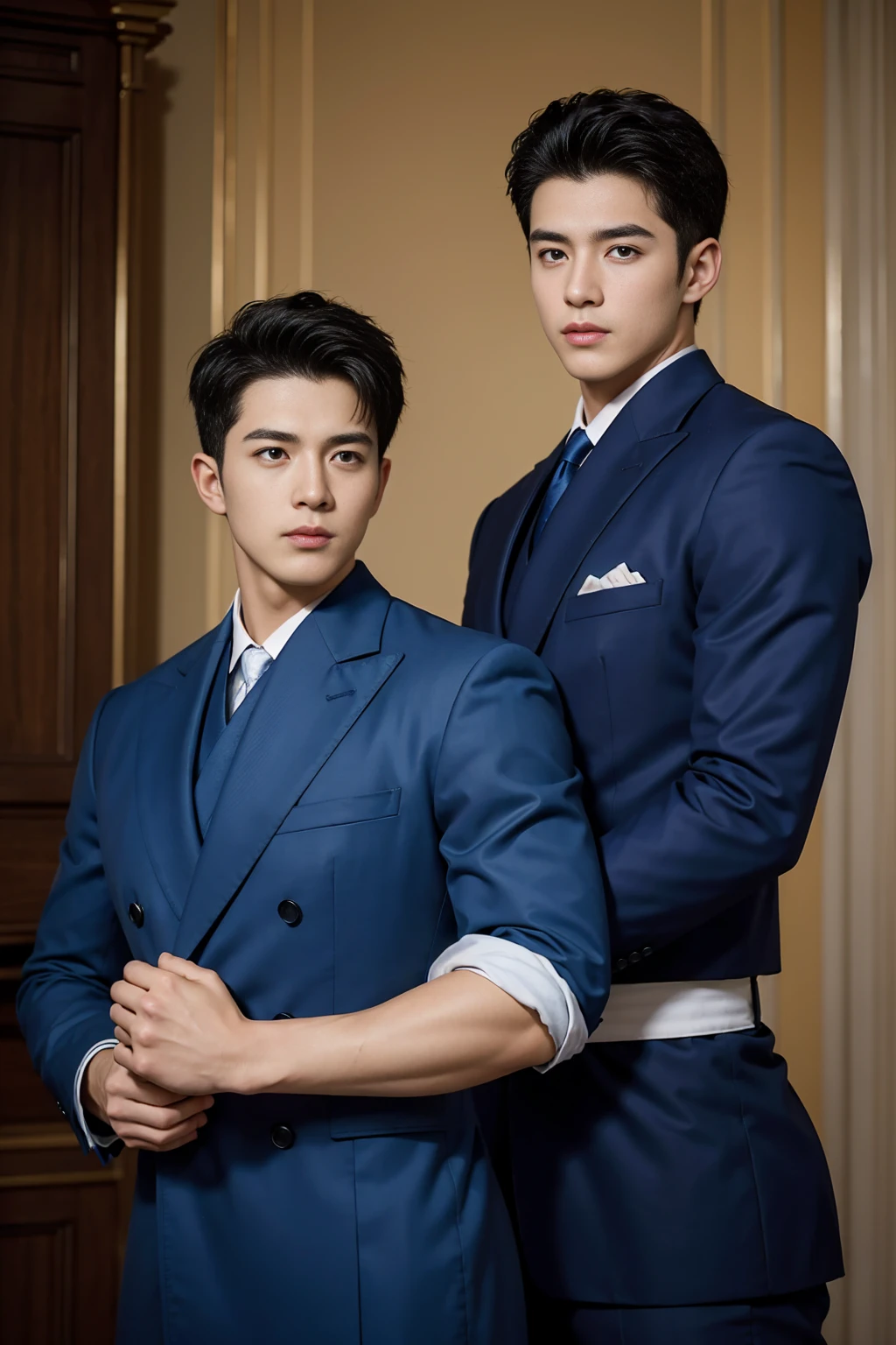((masterpiece)),((best quality)),8K,High Detail,Very detailed, Very manly,2 men, like,fashion pose, Real skin texture, Light,
Royal blue style couple