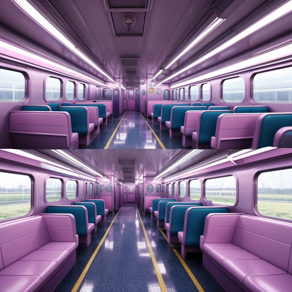 generate a consistent image of a pastel colored inside of a pastel train interior with empty seats, camera view at the rear interior of the train, background art, highly detailed interior, very detailed backgrounds, detailed backgrounds, inside the train, scenery art detailed, anime art vehicle concept art, high tech pastel goth interior, inside an underground train, detailed and complex environment, detailed pastel lo-fi backgrounds, detailed train interior, train station vore station, anime scenery concept art. neon pastel colored led lights, realistic environment, hyperrealism, HD resolution, Hyper detailed quality