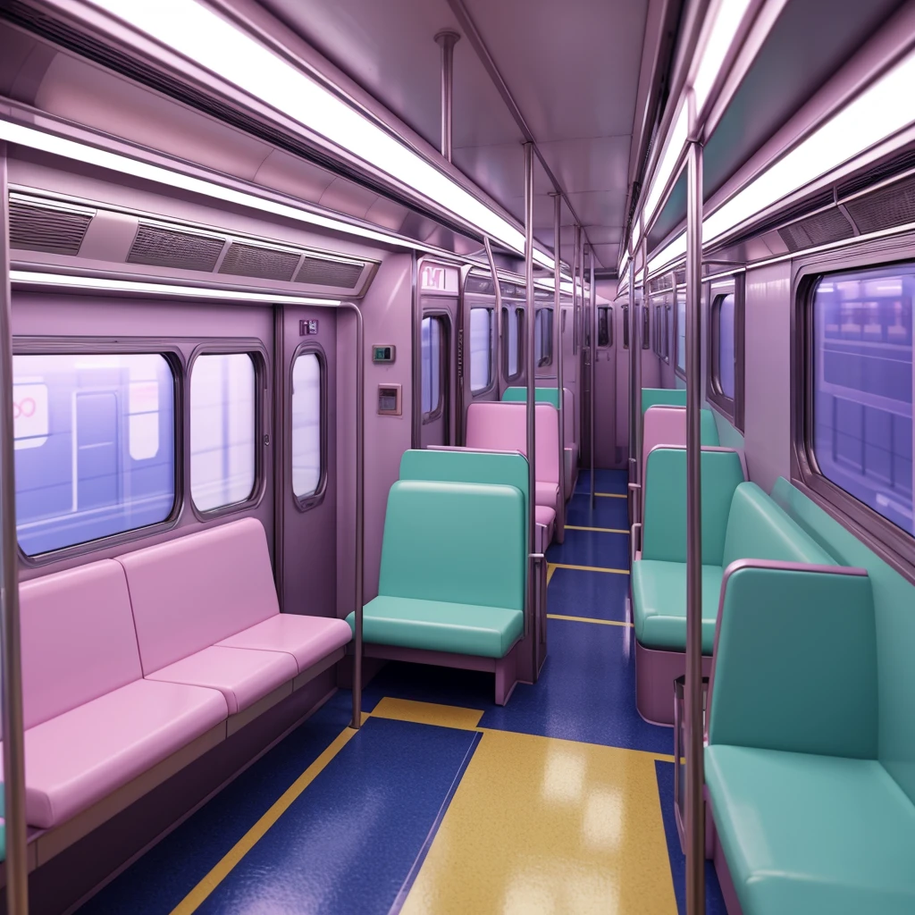 generate a consistent image of a pastel colored inside of a pastel train interior with empty seats, camera view at the rear interior of the train, background art, highly detailed interior, very detailed backgrounds, detailed backgrounds, inside the train, scenery art detailed, anime art vehicle concept art, high tech pastel goth interior, inside an underground train, detailed and complex environment, detailed pastel lo-fi backgrounds, detailed train interior, train station vore station, anime scenery concept art. neon pastel colored led lights, realistic environment, hyperrealism, HD resolution, Hyper detailed quality