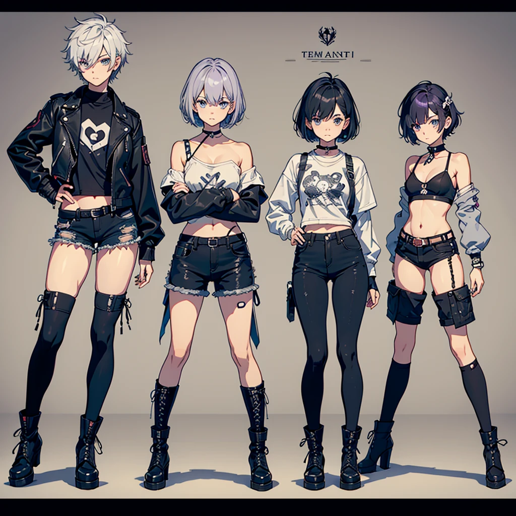 create a character sheet for Eulália Draha, a piscopath with a half-punk, half-cute style, 16 years old, fair skin, short platinum hair and lilac highlights, blue and gray eyes, short-sleeved shirt with the belly showing dark wine, black jacket black leather jacket, teddy bear hair clip, dark denim shorts with a torn teddy bear hanging on the side of the shorts and medium-high boots, (with emphasis on the teddy bear hanging on the shorts' belt)(anime style)(varied positions)(several positions) (full body)(open arms)(body and face side ways)(body and face from the front)(from the head to the boots)character sheet(full body)body and sideways(body and sideways)caracter sheet(full body)(character sheet)(varied positions)(character sheet)varied positions)(character sheet)(full body)character sheet(character sheet) (varied positions)character sheet(varied positions)full body(full body)(body and face sideways)(sideways full body)character sheet(character sheet)(sideways)sideways(character sheet)character sheet(front and sideway)character sheet(character sheet)(front and sideway)character sheet(character sheet)(several positions)