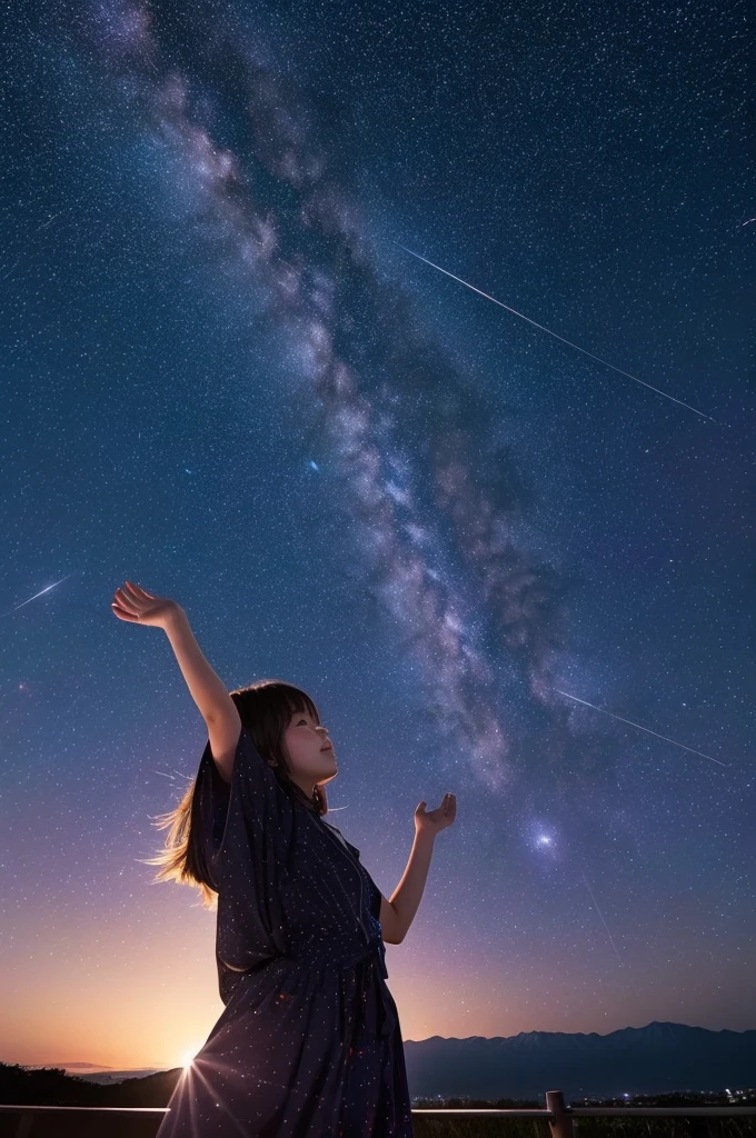 A starry sky,Meteors,8k,Beautiful night sky,Girl looking up at the sky、Super sexy and super cute Japan girl、(((A girl reaching out towards the night sky)))