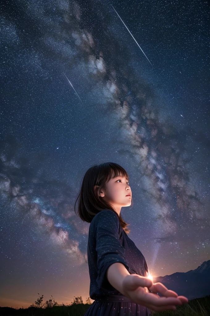 A starry sky,Meteors,8k,Beautiful night sky,Girl looking up at the sky、Super sexy and super cute Japan girl、(((A girl reaching out towards the night sky)))